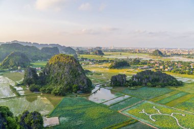 Ninh Binh, Vietnam 'daki yeşil dağların ve tarlaların güzel manzarası..