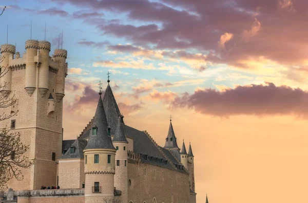 Incredible Sunset One Most Famous Castles World Alcazar Segovia Spain — Stock Photo, Image