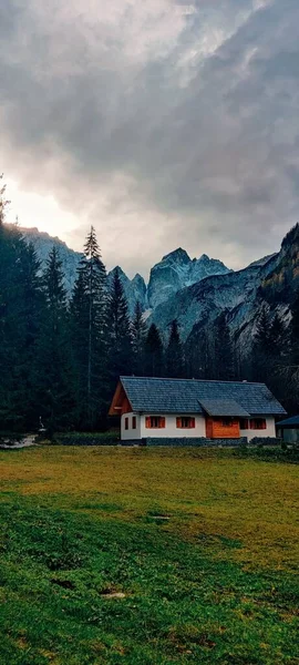 Dağlık Arka Planda Ormandaki Güzel Bir Kır Evi Manzarası — Stok fotoğraf