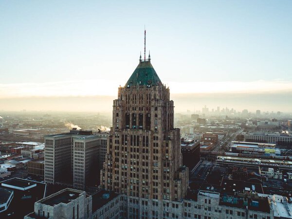 An aerial view of the Trump Building in the city of Detroit, USA