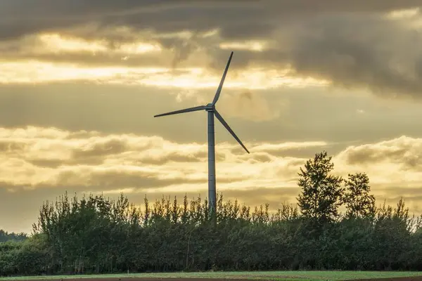 日落时分站在田野里的风力涡轮机 — 图库照片