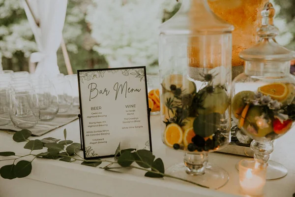 Closeup Shot Bar Menu Table Drinks Wedding Ceremony — Stock Photo, Image