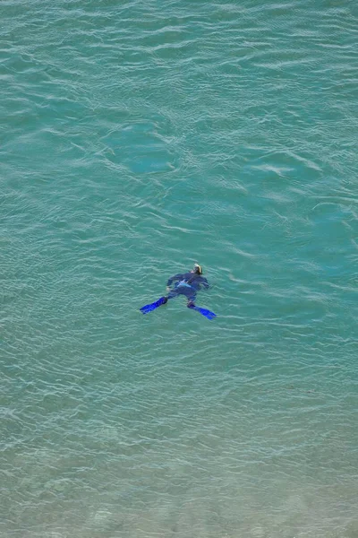 A diver swimming in the ocean with swim fin