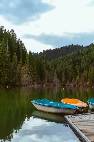 Küçük Kano Tekneleri Sık Yeşil Ormanlarla Çevrili Küçük Bir Göle — Stok fotoğraf