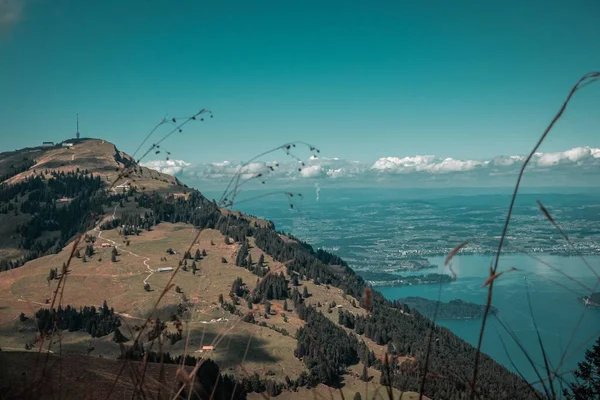 Vista Panorâmica Rigi Scheidegg Para Lago Antes Horizonte Azul Suíça — Fotografia de Stock