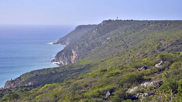 青い空の下 ポルトガルの大西洋岸の緑に覆われた印象的な岩の崖 — ストック写真