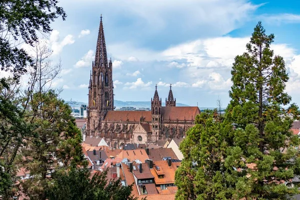 Uma Bela Vista Histórica Catedral Friburgo Contra Céu Azul Alemanha — Fotografia de Stock