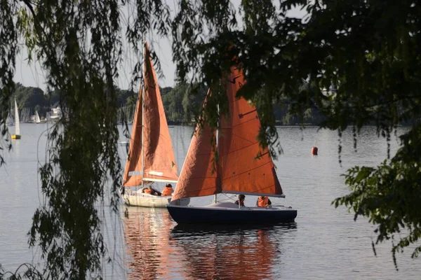 ドイツのノルダルスター ハンブルクの木の枝を通って見える湖で2隻の帆船 — ストック写真