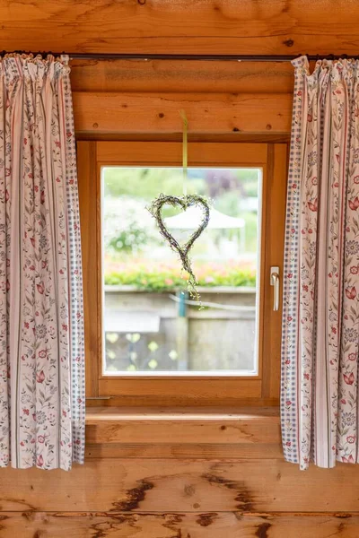 Heart Shape Made Twigs Hanging Wooden Window — Stock Photo, Image