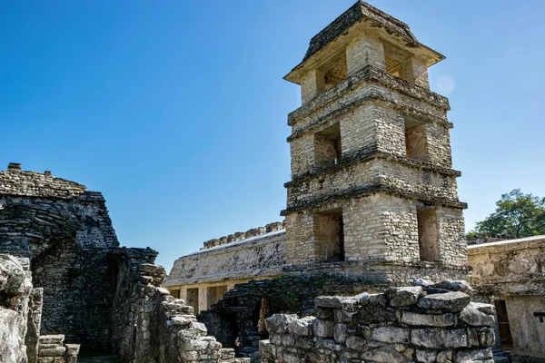 Una Vista Panorámica Las Ruinas Pirámides Palenque Bajo Cielo Azul — Foto de Stock