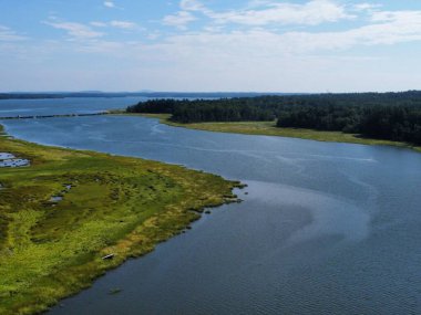 Yeşil alan ve ağaçlarla çevrili bir gölün havadan çekilmiş görüntüsü.