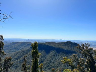 Güneşin ağaçların ve tepelerin üzerinde parladığı manzaralı bir manzara.