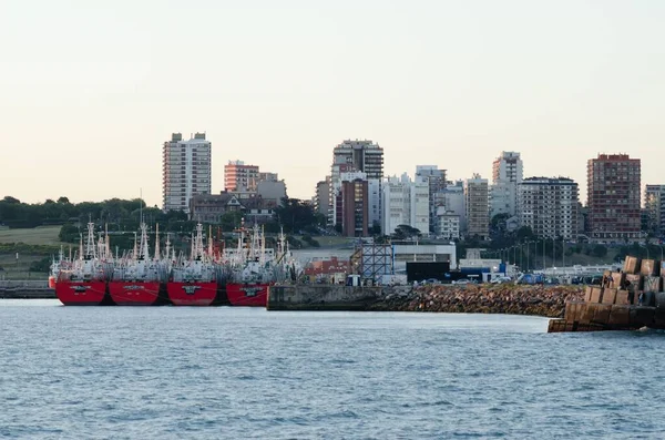 Egy Lövés Mar Del Plata Kikötőjéből Modern Épületekkel — Stock Fotó