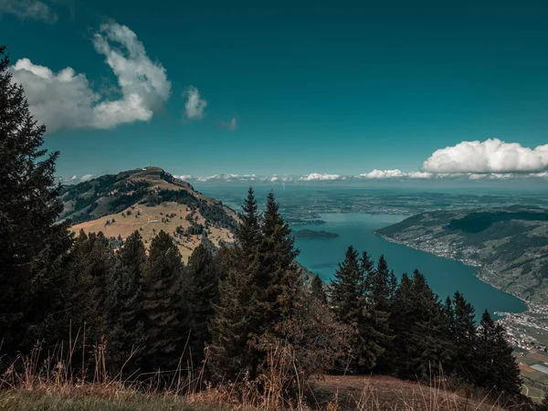 Vista Panorámica Desde Rigi Scheidegg Hasta Lago Antes Horizonte Azul —  Fotos de Stock