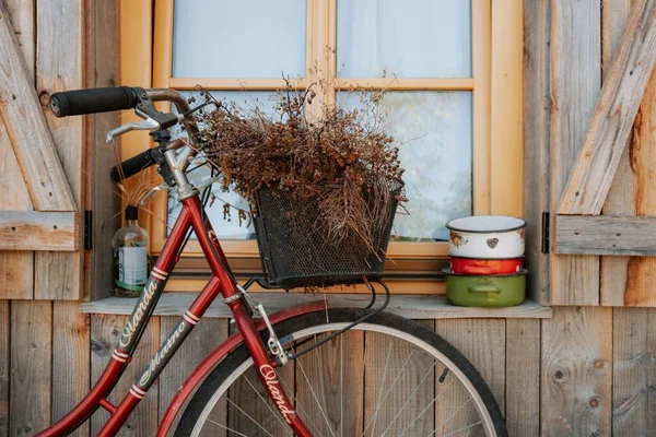 Ένα Οριζόντιο Πλάνο Ενός Κόκκινου Ποδηλάτου Ξηρά Λουλούδια Ακουμπισμένο Ένα — Φωτογραφία Αρχείου