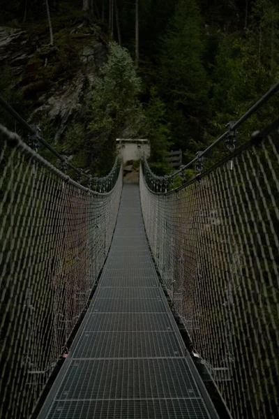 Colpo Verticale Vecchio Ponte Oscillante Metallo Nel Bosco Austria Immerso — Foto Stock
