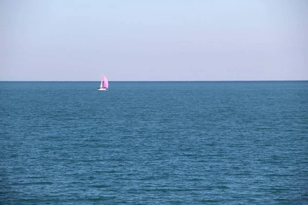 Ένα Όμορφο Πλάνο Ενός Ροζ Ιστιοφόρου Μια Θάλασσα — Φωτογραφία Αρχείου