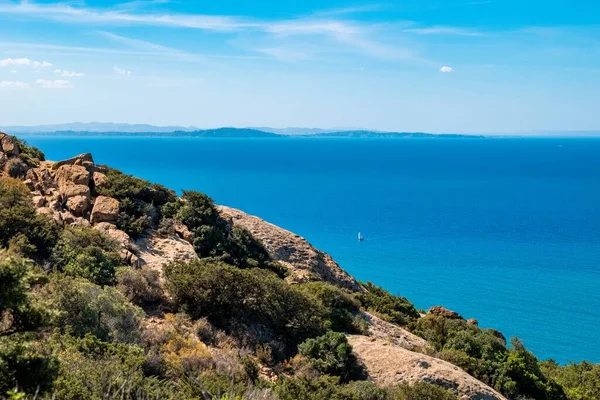 チュニジアのコルビュース海岸の森林に覆われた崖から撮影された美しい海の風景 — ストック写真