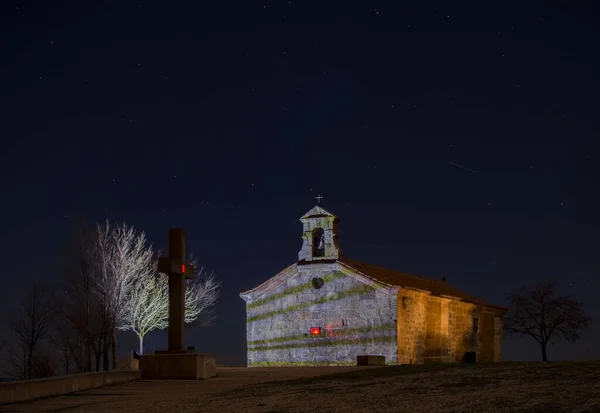 Night View Typical Small Renovated Stone Church Rural Village Mountains — Stock Photo, Image