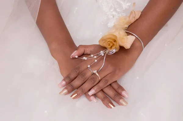 Closeup Shot Bride Hands Nude Manicured Nails Wedding — Stock Photo, Image