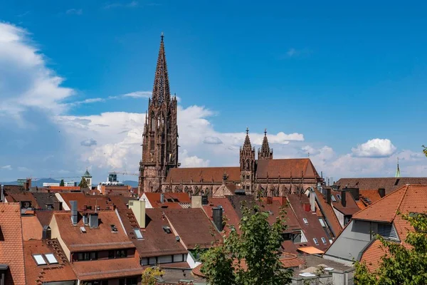 Uma Imagem Aérea Catedral Freiburger Munster Dos Edifícios Medievais Alemanha — Fotografia de Stock