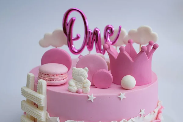 Closeup Beautifully Decorated Birthday Cake Celebrating One Year — Stock Photo, Image