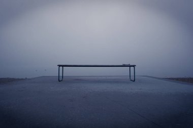 Akşamları sisli bir ormanda güzel bir bank görüntüsü.