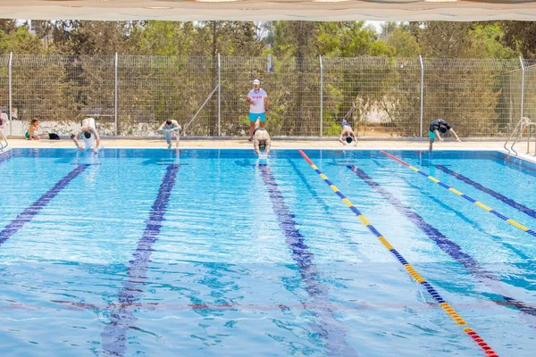 Úszók Miközben Ugrálnak Medencében Egy Versenyen — Stock Fotó