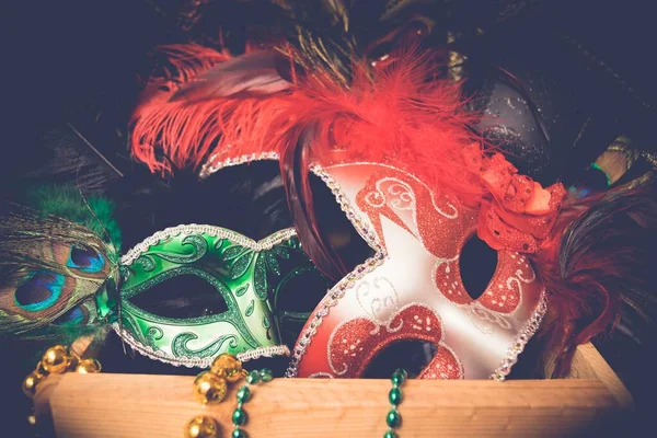 Masques Colorés Avec Plumes Pour Mardi Gras Nouvelle Orléans — Photo