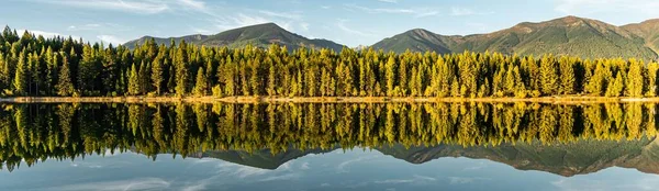 Uma Vista Panorâmica Belos Pinheiros Montanhas Refletindo Sobre Superfície Lago — Fotografia de Stock