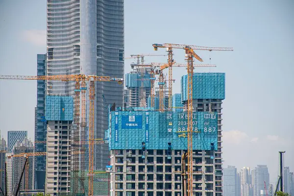 Busy Construction Site Wuhan Greenland Center Many Large Buildings Springing — Stock Photo, Image
