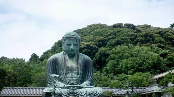 Statua Buddha Tempio Kotoku Kamakura Giappone Con Alberi Sullo Sfondo — Foto Stock