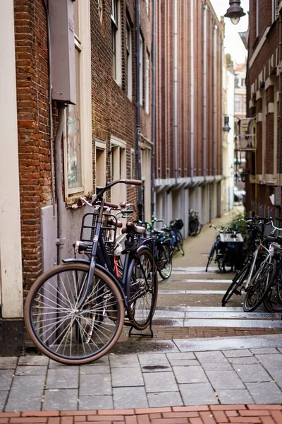 Pionowe Ujęcie Rowerów Przylegających Ścian Budynków Amsterdamie Holandia — Zdjęcie stockowe