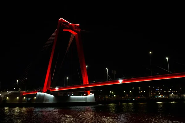 Night Time Urban Scenery Steel Draw Bridge Glowing Red Rotterdam — Stock Photo, Image