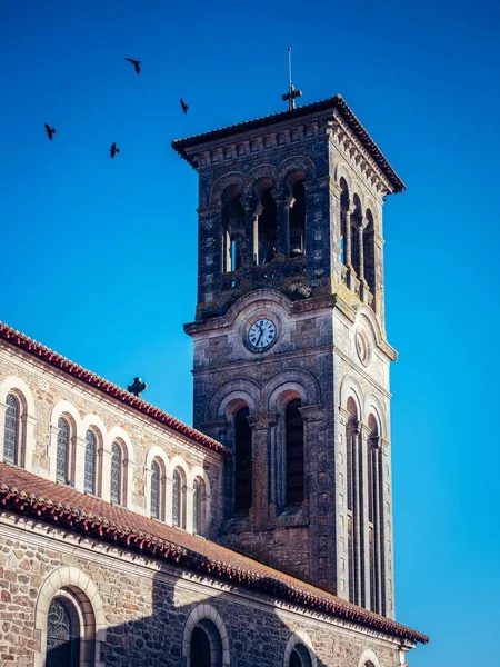 Tiro Vertical Pássaros Voando Sobre Torre Igreja Velha Contra Céu — Fotografia de Stock