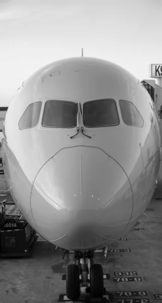 Egy Függőleges Szürke Felvétel Egy Repülőgépről Repülőtér Termináljának Közelében — Stock Fotó