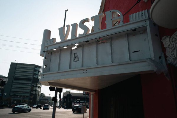 An outside view of the old Vista Movie Theatre on a sunny day in Los Angeles, California
