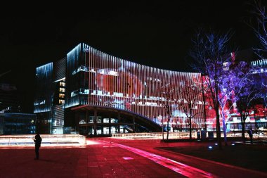 Pekin, Zhongguancun 'daki pembe ışıklarla aydınlatılmış güzel bir gece manzarası.