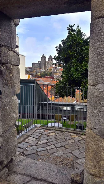 Uma Foto Vertical Catedral Porto Fundo Paisagem Urbana Porto Capturada — Fotografia de Stock