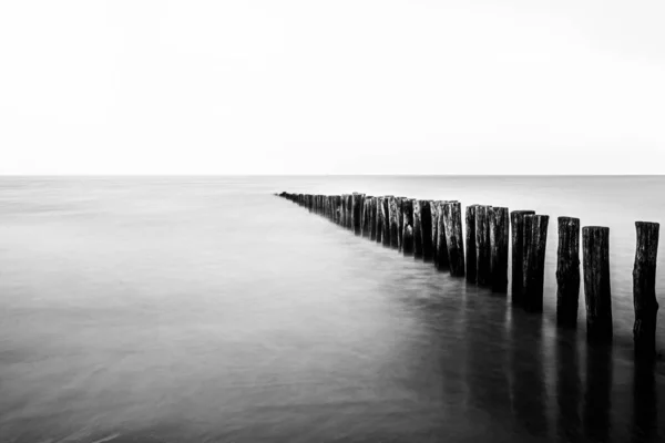 一排排灰白色的木棍在大海中保护海滩不受海浪的侵袭 — 图库照片