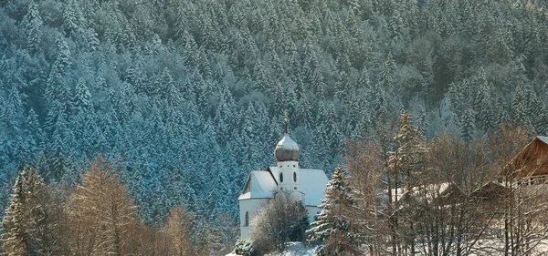 Kapelle Nikolaus Antes Una Pendiente Cubierta Árboles Día Invierno Fussen —  Fotos de Stock