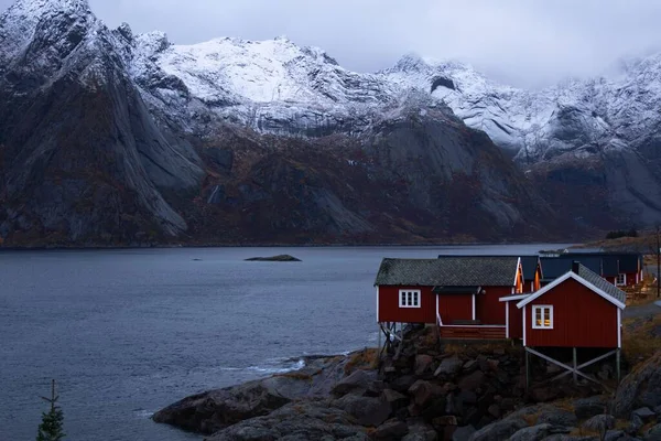 Casas Vermelhas Longo Costa Inverno Cidade Bodo Noruega — Fotografia de Stock