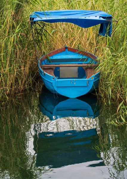Een Blauwe Boot Het Meer Bij Het Gras — Stockfoto