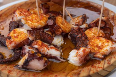 Polbo 'nun yakın çekimi, kürdanla servis edilen ahşap bir çanak - Galiçya gastronomisi konsepti