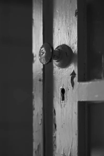 Tahta Kapıdaki Eski Bir Kapı Tokmağının Dikey Gri Tonlu Görüntüsü — Stok fotoğraf