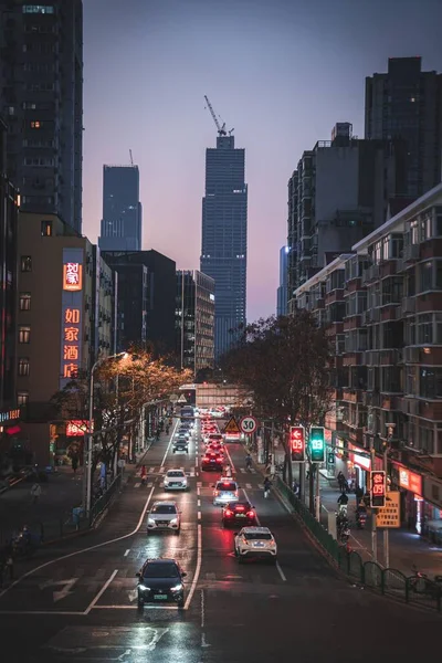 Vertical Shot Cars Lights Architectures Street Tang Qiao District Evening — Stock Photo, Image