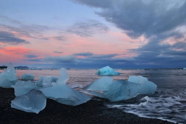 Vue Des Icebergs Surface Eau Coucher Soleil Diamond Beach Islande — Photo