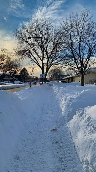 Вертикальный Вид Снежный Тротуар Солнечный День Зимой — стоковое фото