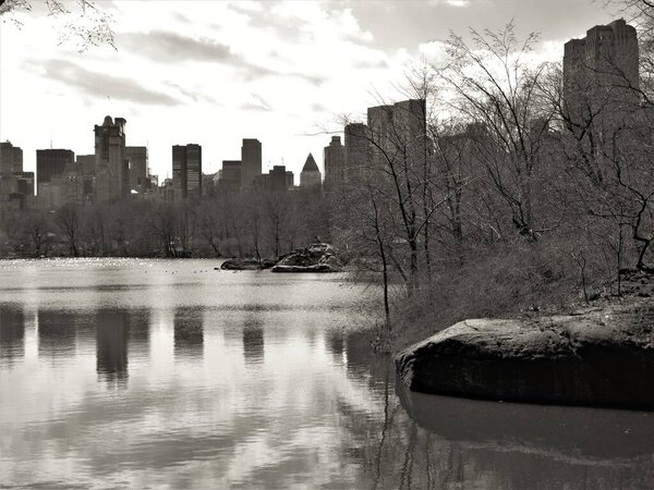 A grayscale shot of a lake with a city in the background