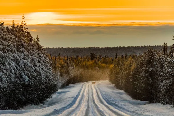 Car Driving Snowy Road Forest — Stock Photo, Image